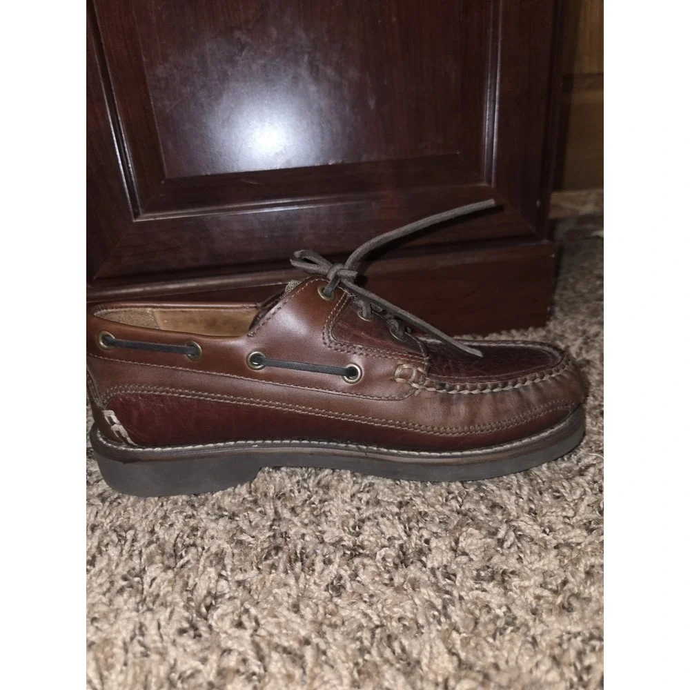 LL Bean Allagash Bison Leather Hand Sewn Boat Shoes Brown Mens Size 7 EE Wide